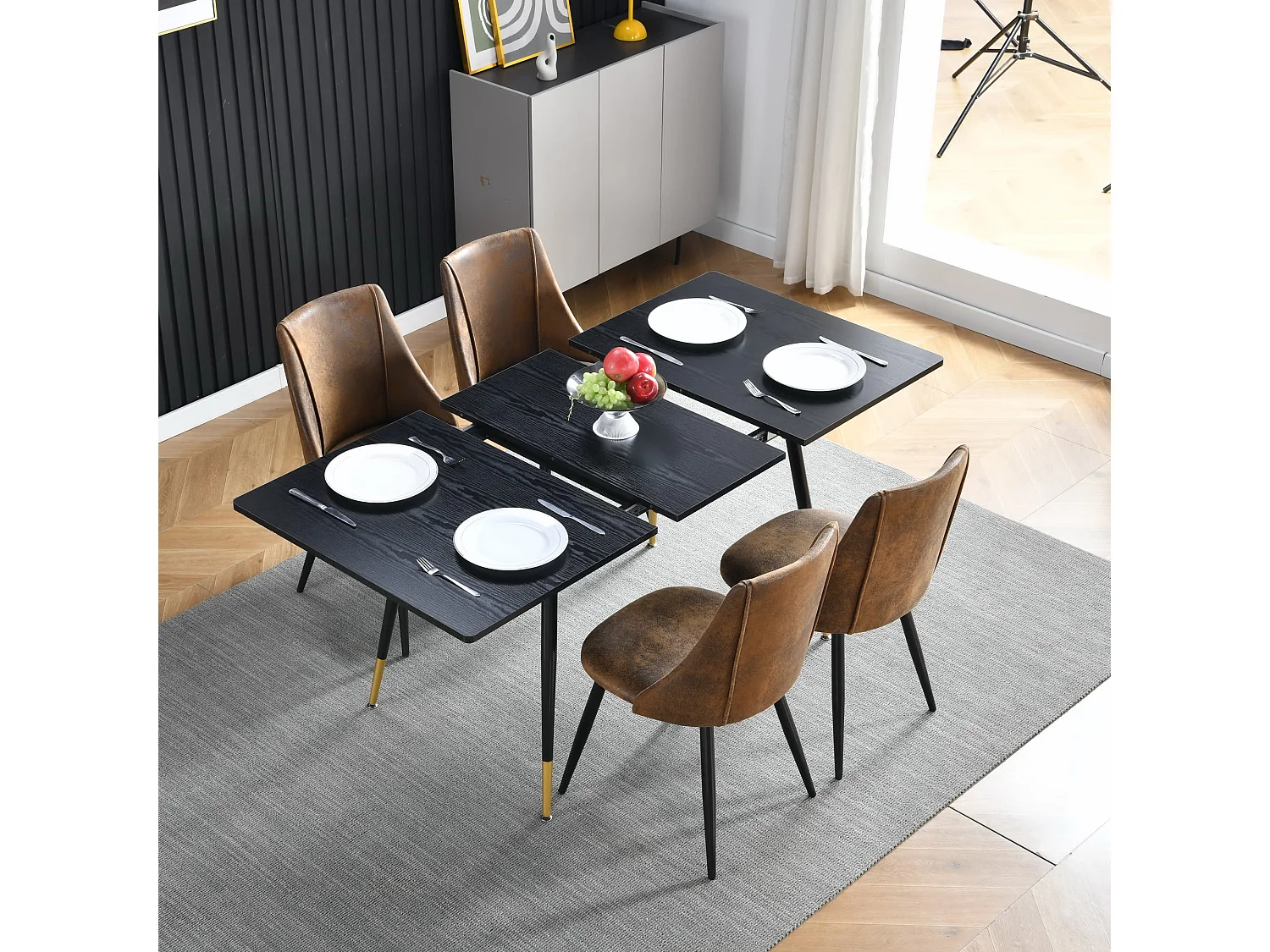 Table de Salle à Manger Extensible 4 a 6 Personnes pour Salon Cuisine, Cadre Métallique Robuste, Style Industriel Rétro, Noir et Or, 120-160x80x75cm, MDF