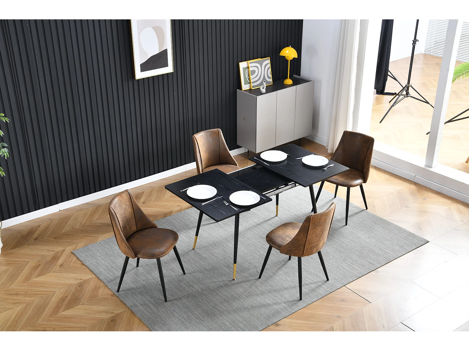 Table de Salle à Manger Extensible 4 a 6 Personnes pour Salon Cuisine, Cadre Métallique Robuste, Style Industriel Rétro, Noir et Or, 120-160x80x75cm, MDF