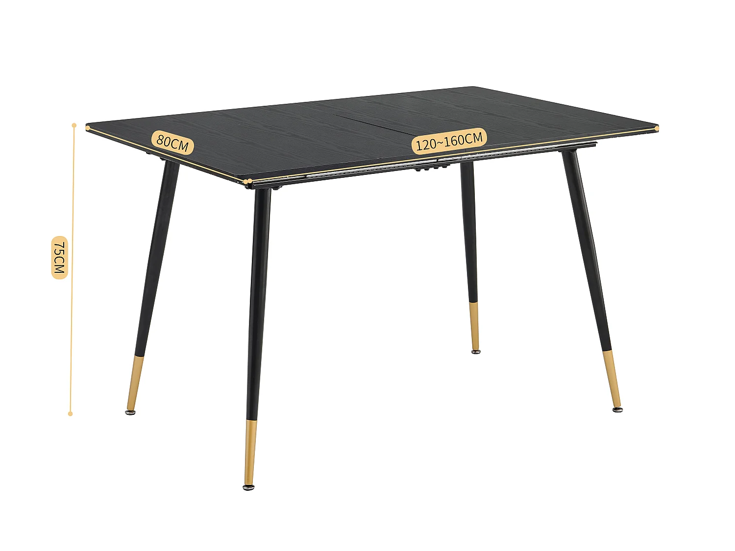 Table de Salle à Manger Extensible 4 a 6 Personnes pour Salon Cuisine, Cadre Métallique Robuste, Style Industriel Rétro, Noir et Or, 120-160x80x75cm, MDF