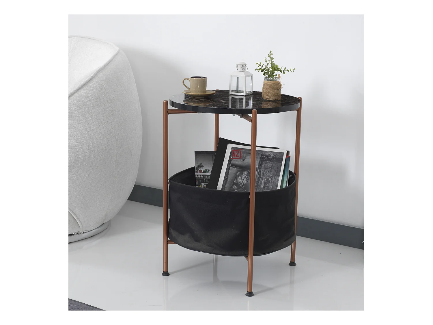 Table d'appoint Suonenjoki avec panier de rangement 59 x 47 cm marbre noir / bronze / noir [en.casa]