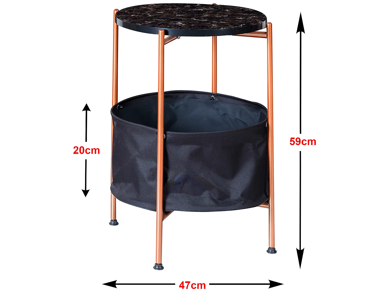 Table d'appoint Suonenjoki avec panier de rangement 59 x 47 cm marbre noir / bronze / noir [en.casa]