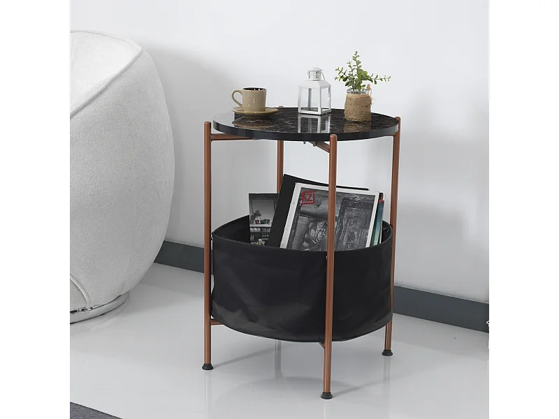 Table d'appoint Suonenjoki avec panier de rangement 59 x 47 cm marbre noir / bronze / noir [en.casa]