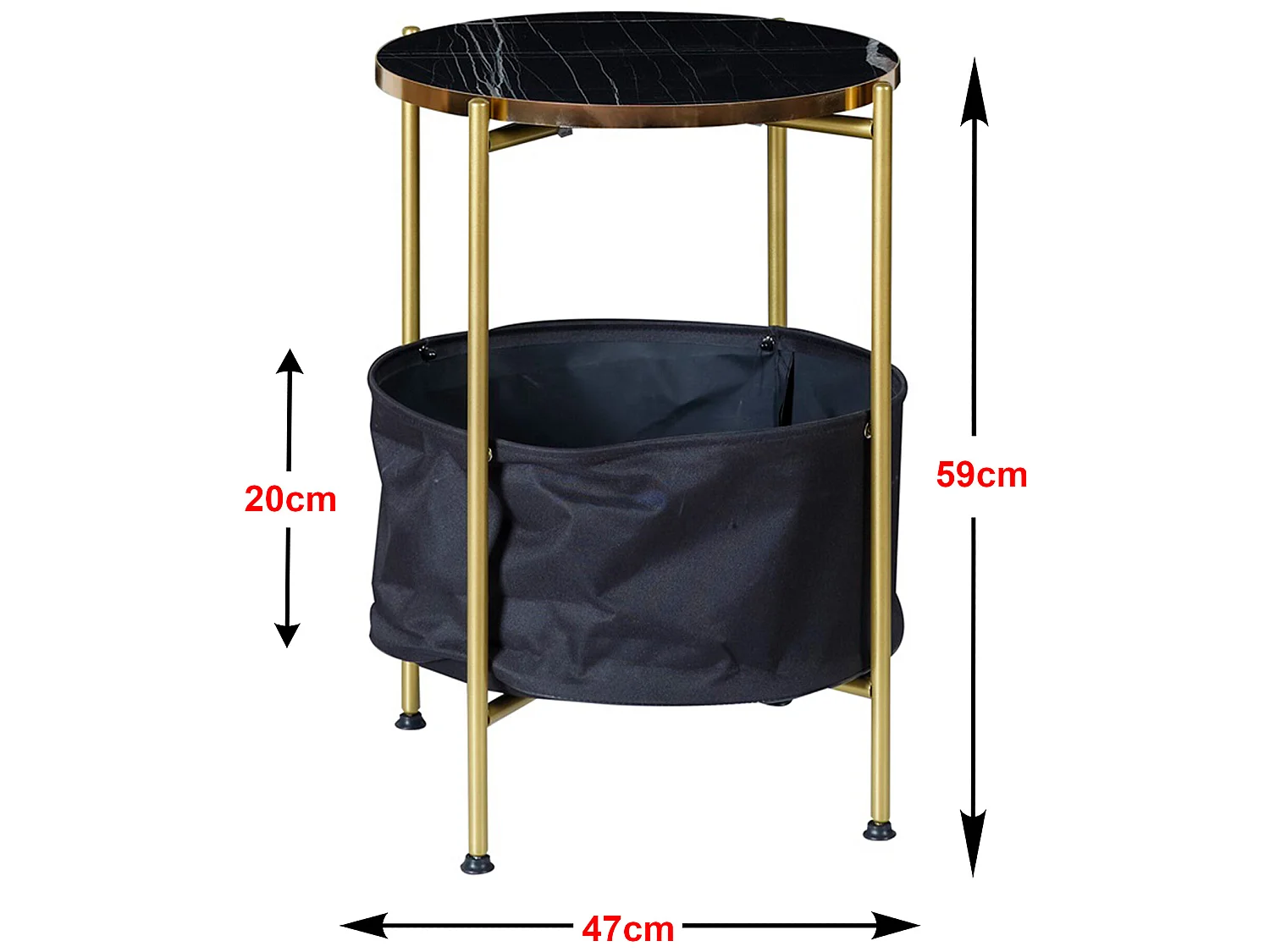 Table d'appoint Suonenjoki avec panier de rangement 59 x 47 cm marbre noir / doré / noir [en.casa]