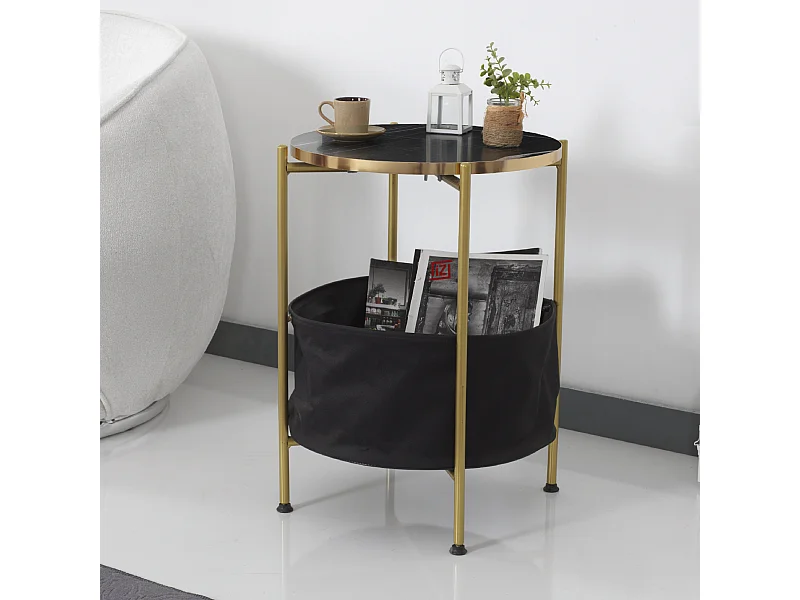 Table d'appoint Suonenjoki avec panier de rangement 59 x 47 cm marbre noir / doré / noir [en.casa]
