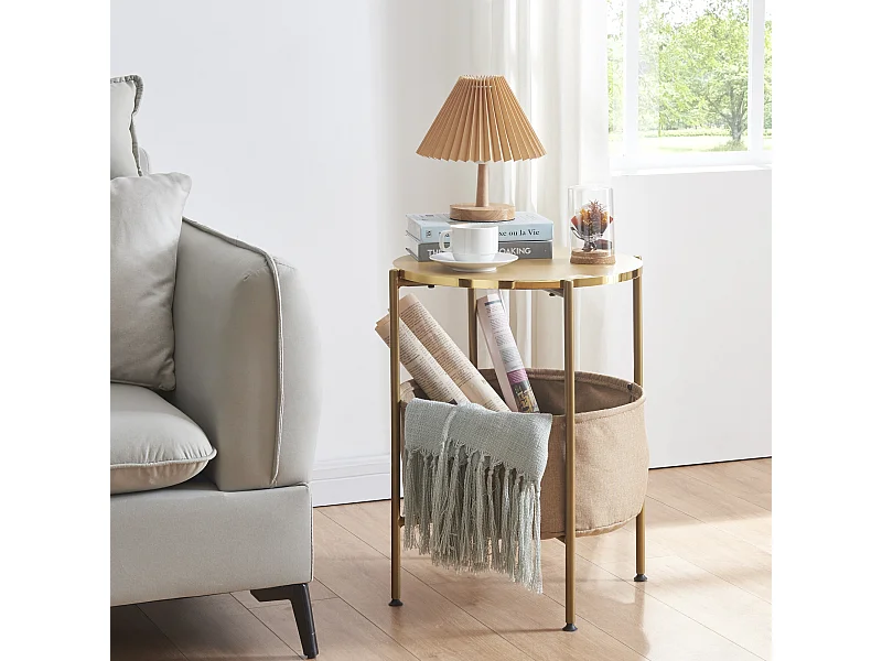 Table d'appoint Suonenjoki avec panier de rangement 59 x 47 cm doré / sable [en.casa]