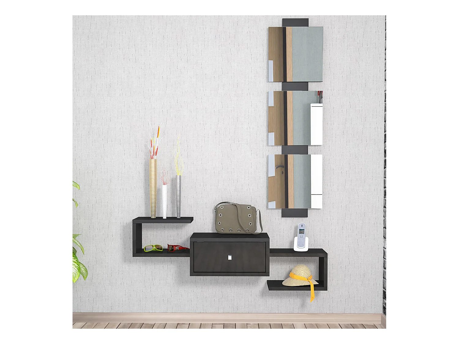 Étagère murale Brædstrup pour entrée avec miroir et tiroir noir [en.casa]