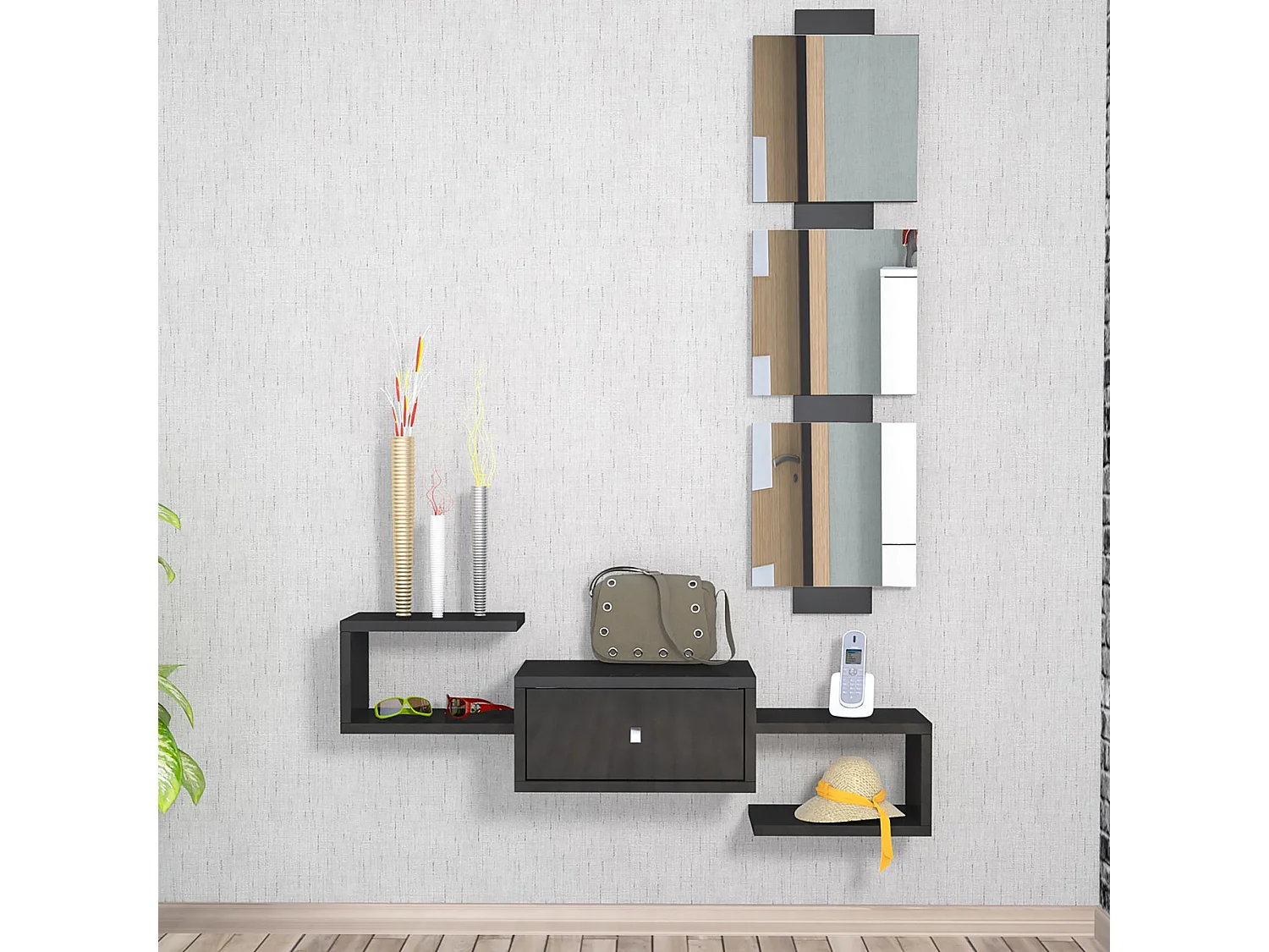 Étagère murale Brædstrup pour entrée avec miroir et tiroir noir [en.casa]