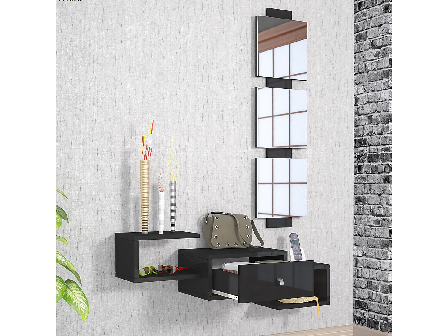 Étagère murale Brædstrup pour entrée avec miroir et tiroir noir [en.casa]