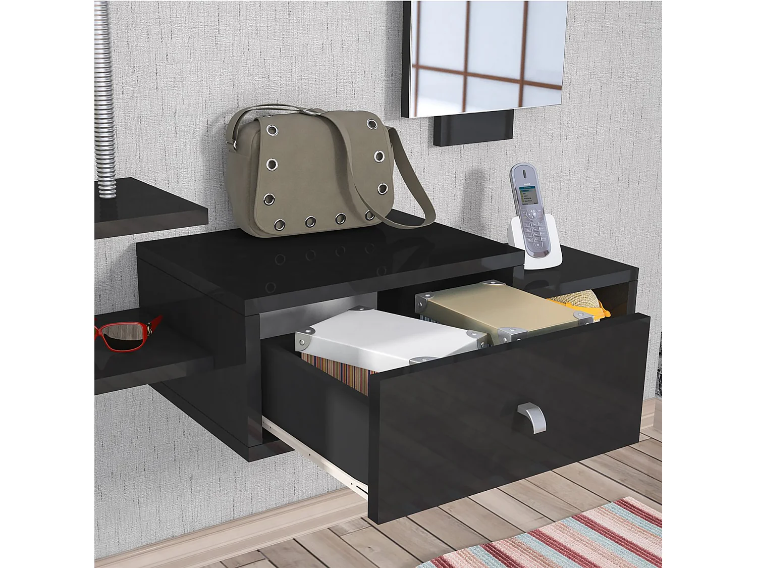 Étagère murale Brædstrup pour entrée avec miroir et tiroir noir [en.casa]