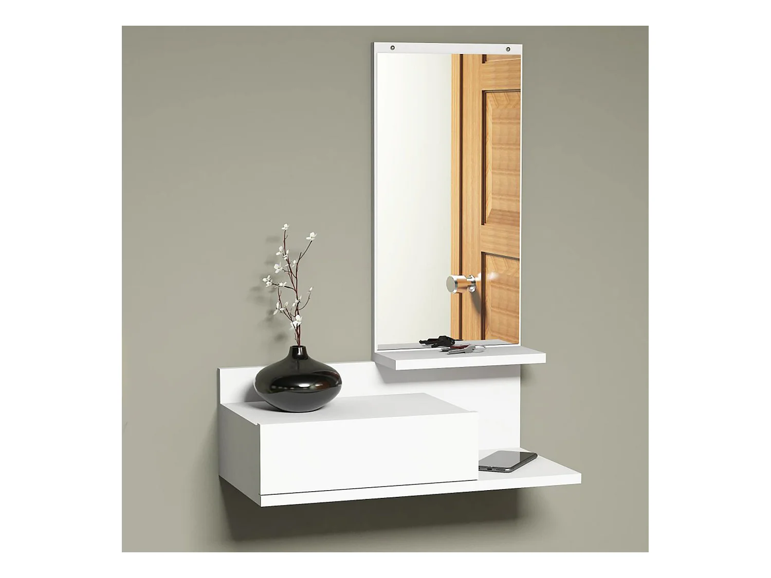 Étagère murale Gundsø pour entrée avec tiroir et miroir blanc [en.casa]