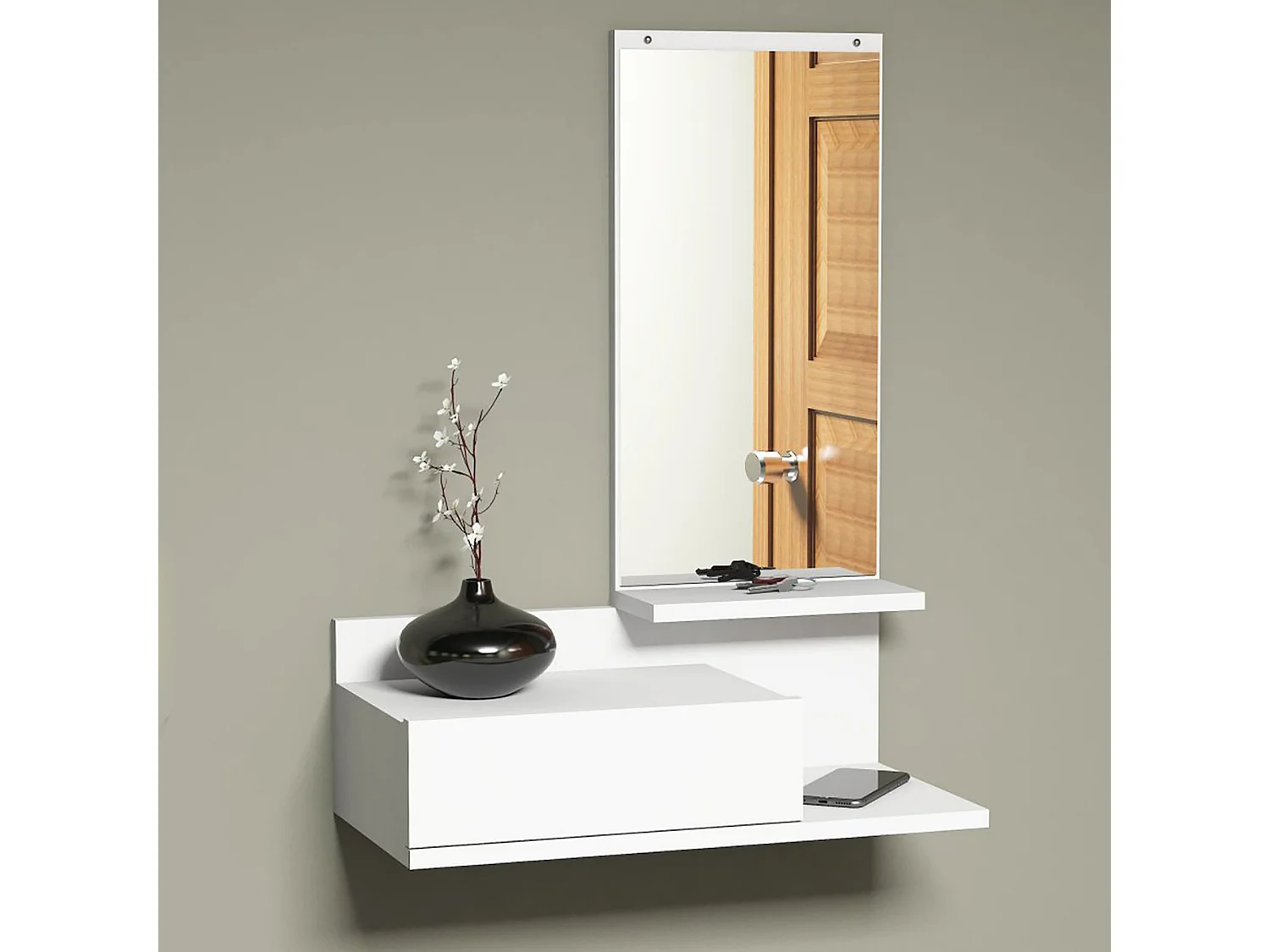 Étagère murale Gundsø pour entrée avec tiroir et miroir blanc [en.casa]