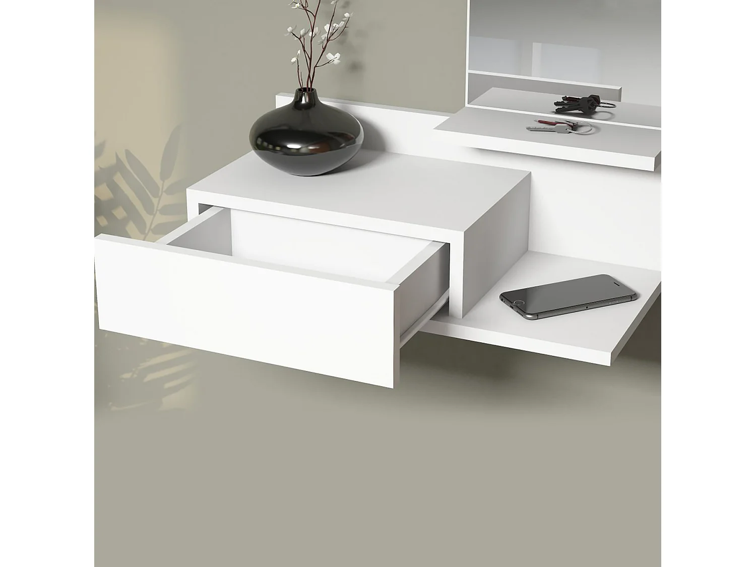 Étagère murale Gundsø pour entrée avec tiroir et miroir blanc [en.casa]