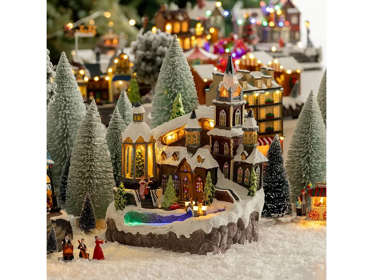 Village de Noël lumineux et animé Eglise avec Rivière