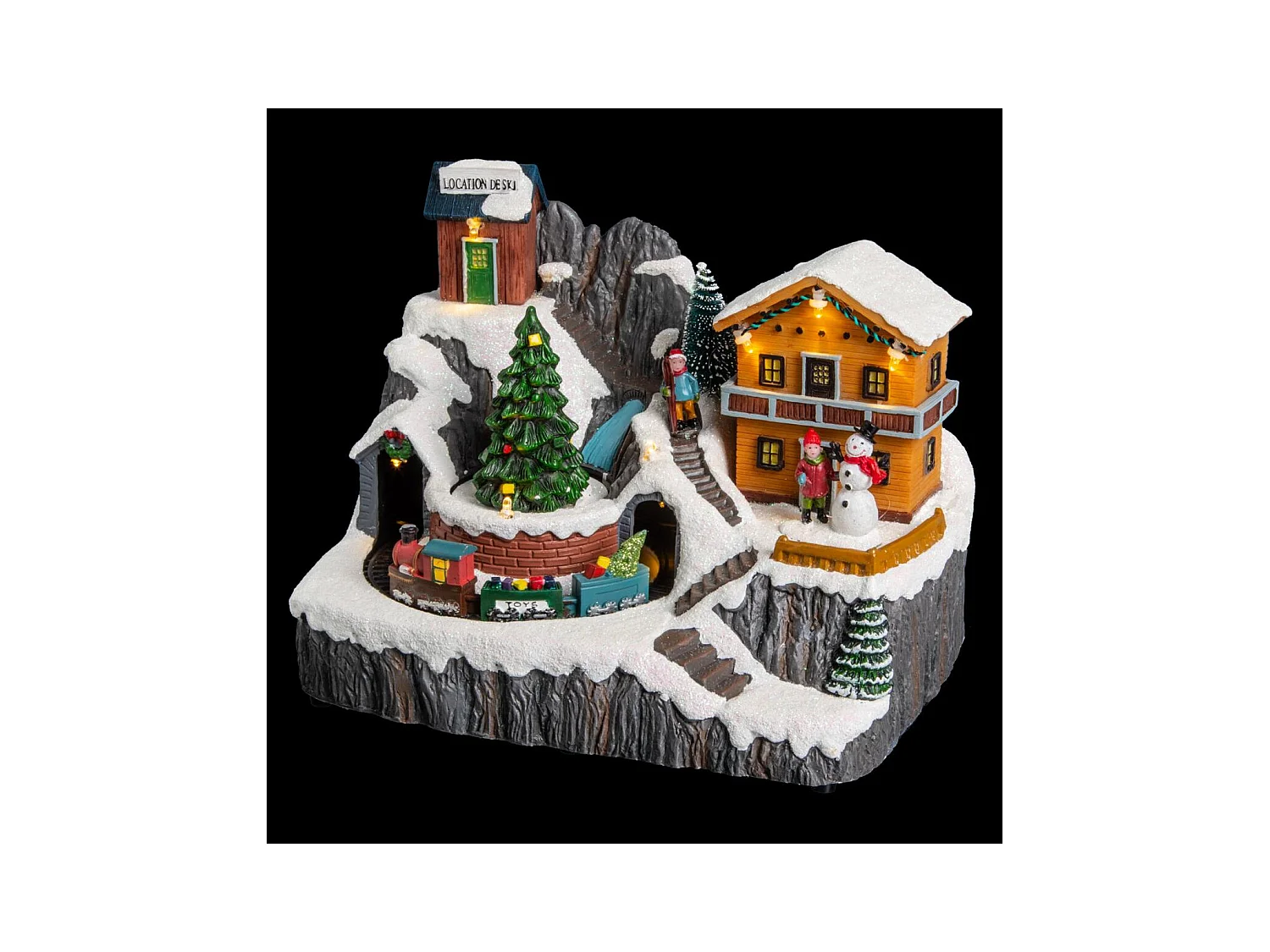 Village de Noël lumineux, animé et musical Scène de vie autour du Chalet à la montagne