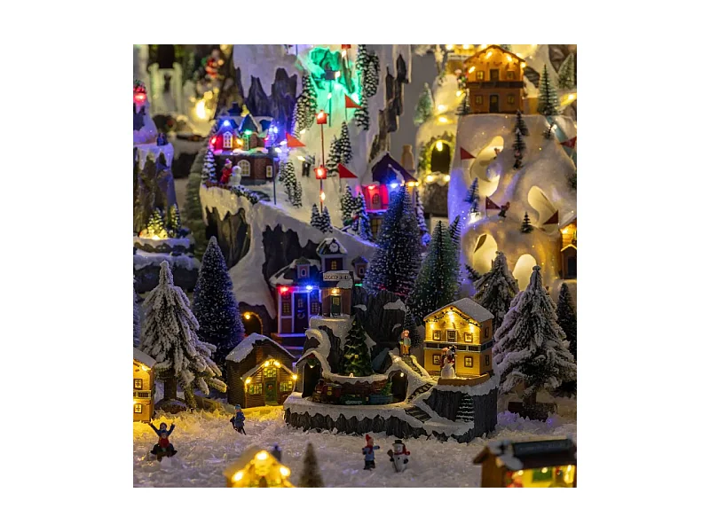 Village de Noël lumineux, animé et musical Scène de vie autour du Chalet à la montagne