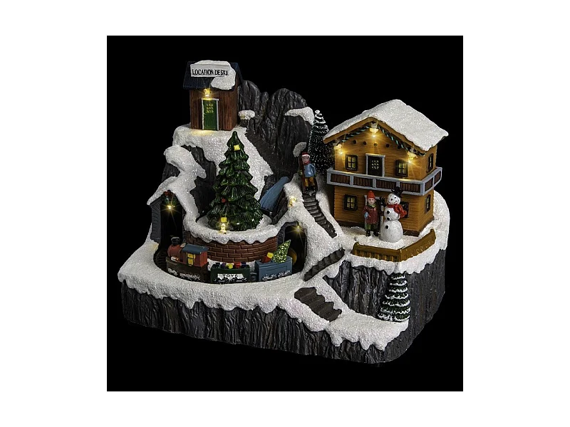 Village de Noël lumineux, animé et musical Scène de vie autour du Chalet à la montagne