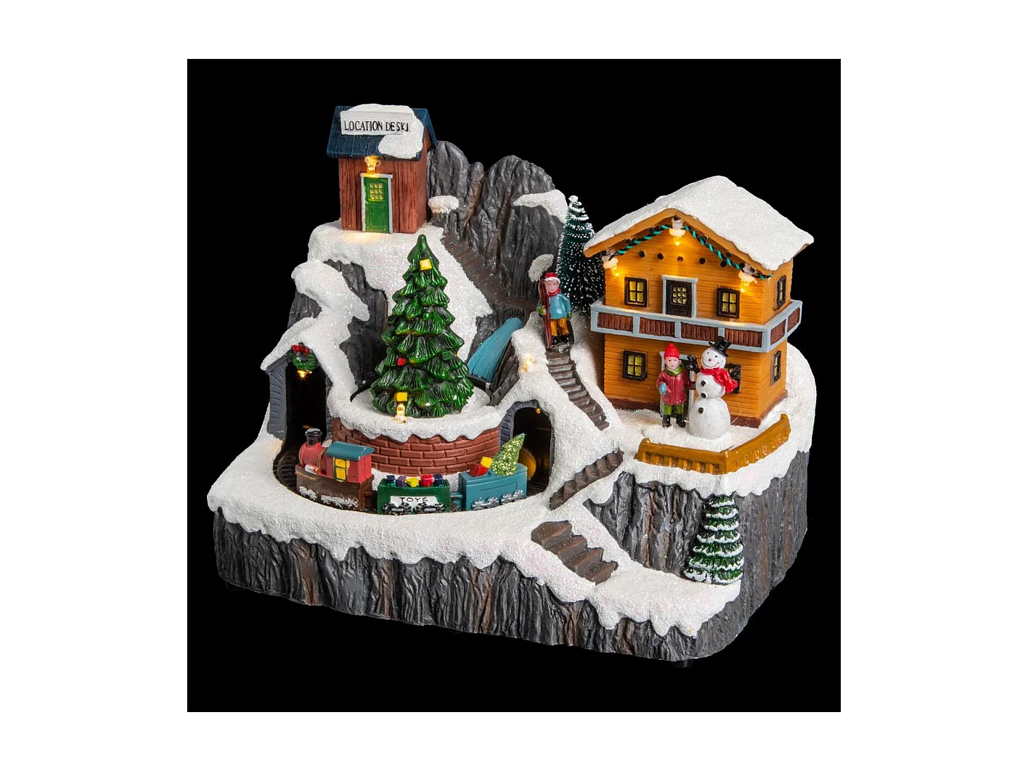 Village de Noël lumineux, animé et musical Scène de vie autour du Chalet à la montagne