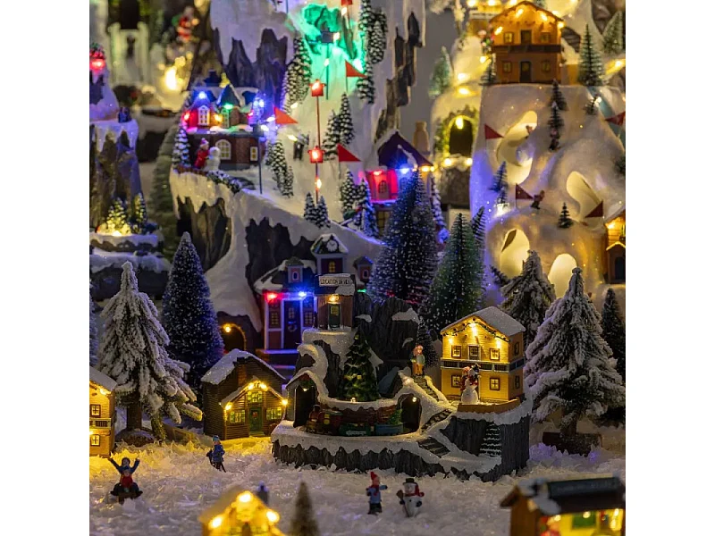 Village de Noël lumineux, animé et musical Scène de vie autour du Chalet à la montagne