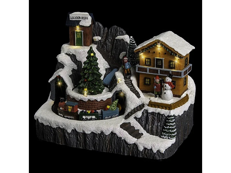 Village de Noël lumineux, animé et musical Scène de vie autour du Chalet à la montagne