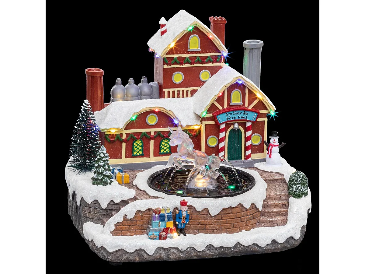 Village de Noël lumineux Fontaine du Père Noël en mouvement avec Licorne