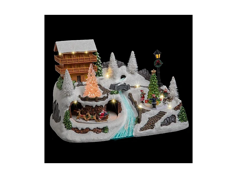 Village de Noël lumineux et animé Scène de vie autour du Chalet à la montagne