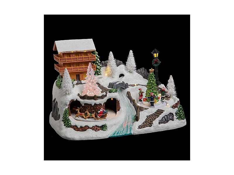 Village de Noël lumineux et animé Scène de vie autour du Chalet à la montagne