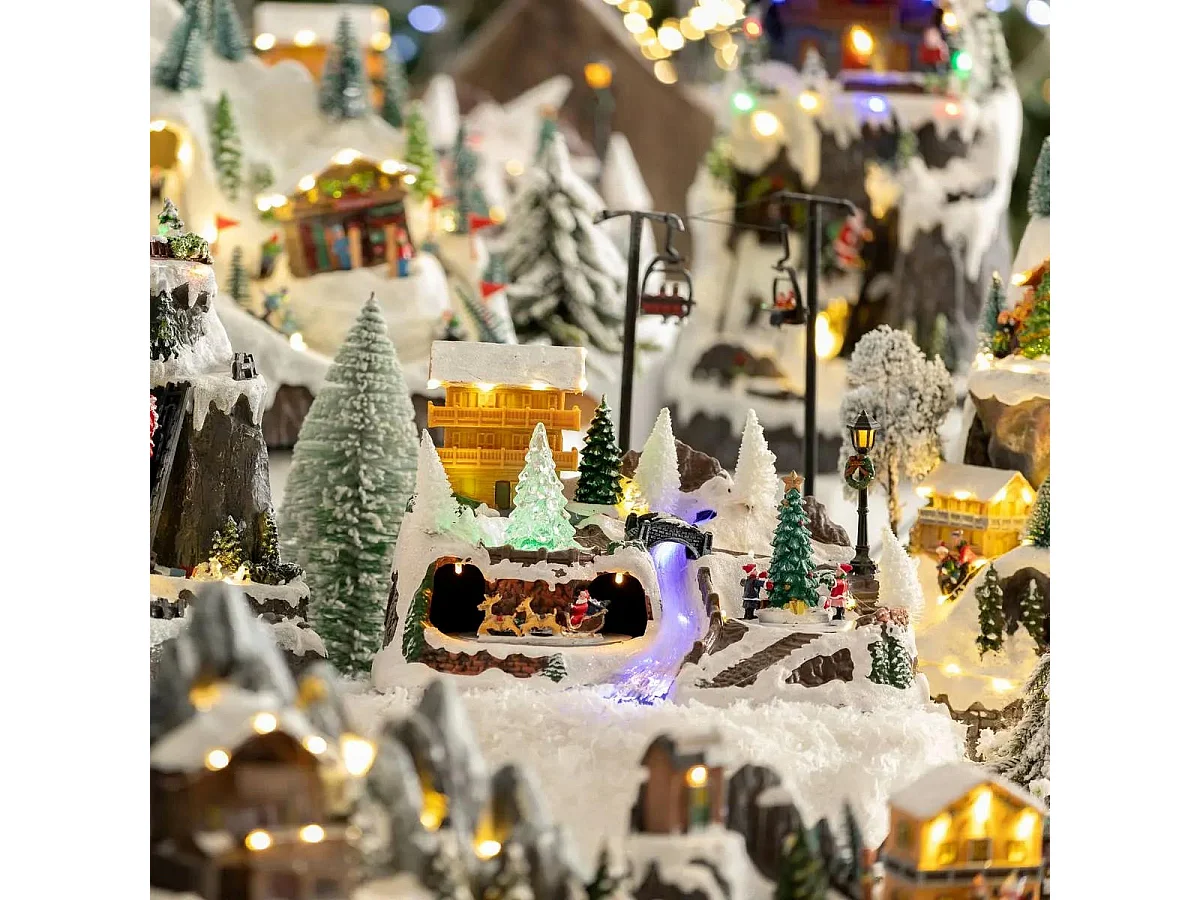 Village de Noël lumineux et animé Scène de vie autour du Chalet à la montagne