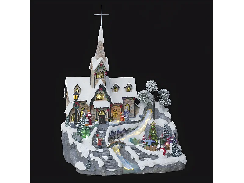Village de Noël lumineux et animé Eglise du village avec cascade en fibre optique