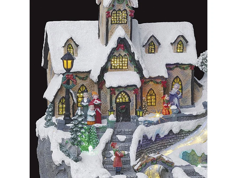 Village de Noël lumineux et animé Eglise du village avec cascade en fibre optique