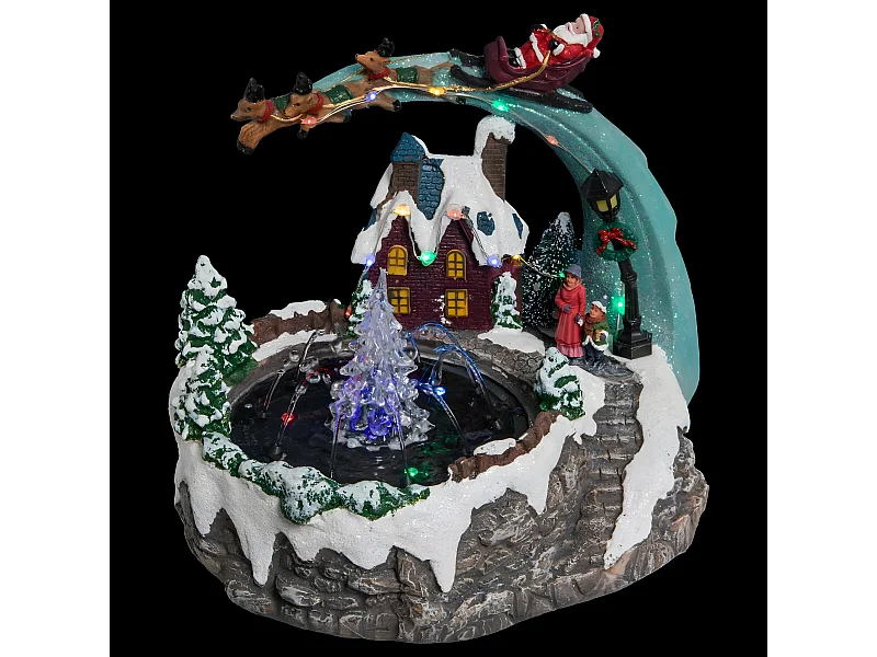 Village de Noël lumineux, animé et musical Scène de vie autour d'une fontaine