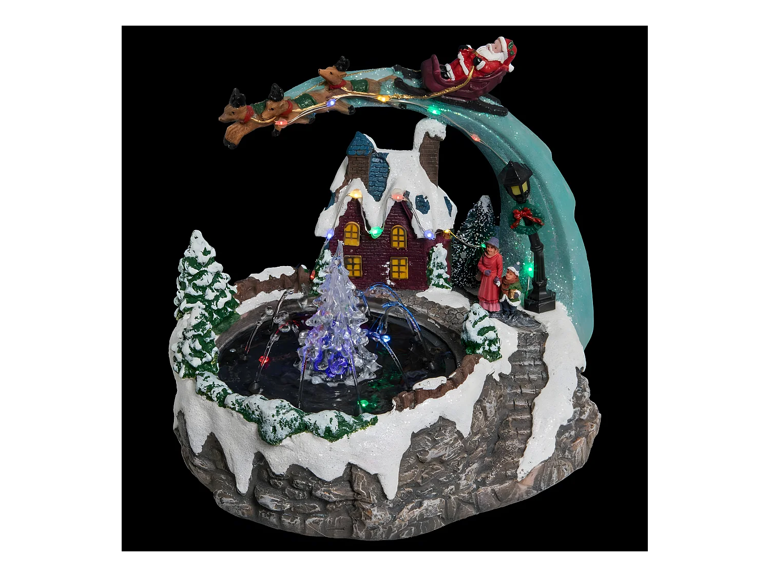 Village de Noël lumineux, animé et musical Scène de vie autour d'une fontaine