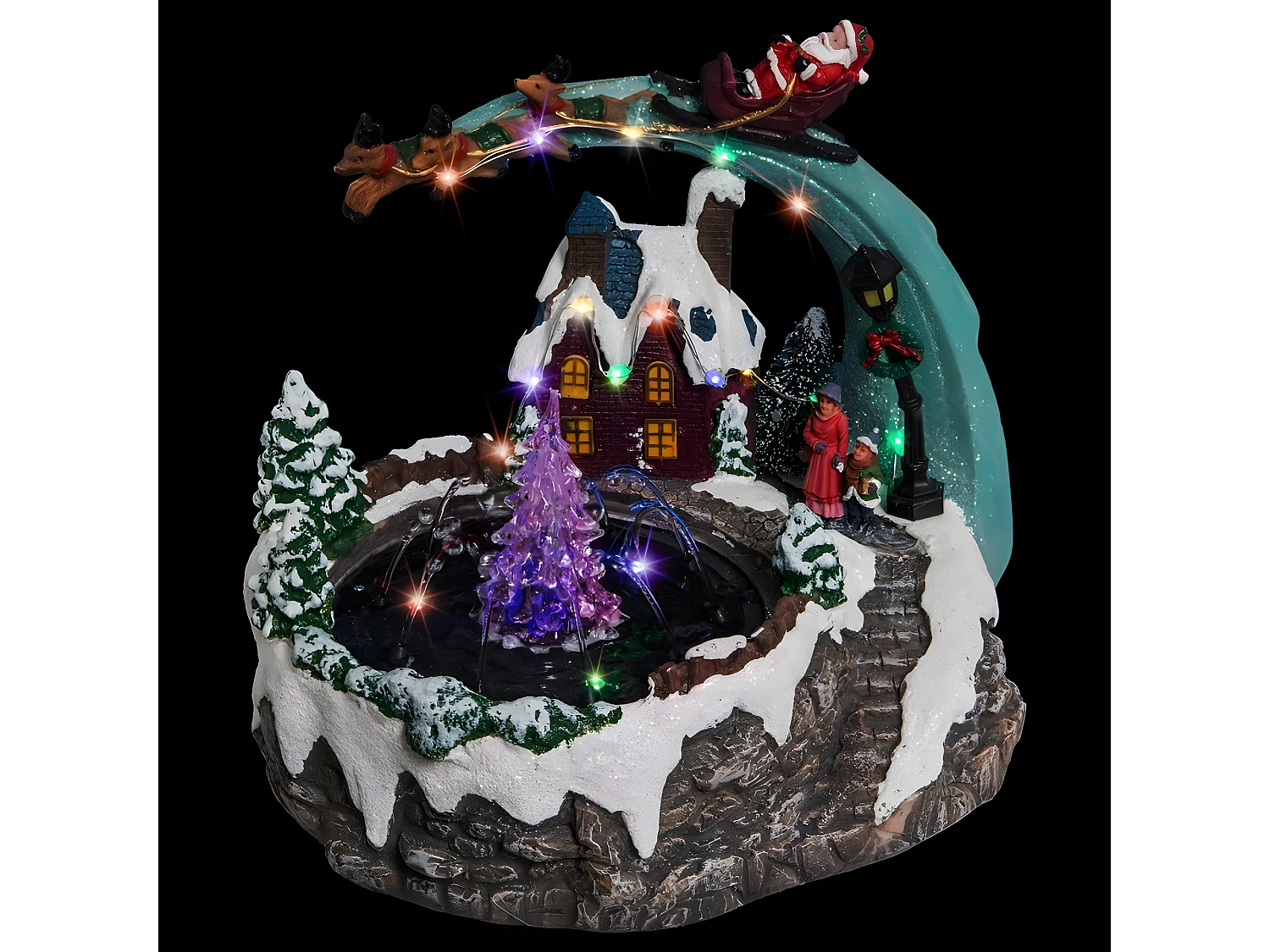 Village de Noël lumineux, animé et musical Scène de vie autour d'une fontaine