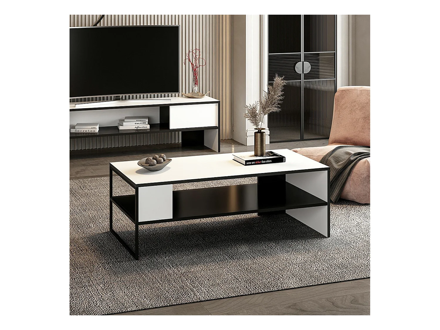 Table basse rectangulaire Ejby avec espace de rangement noir / blanc [en.casa]