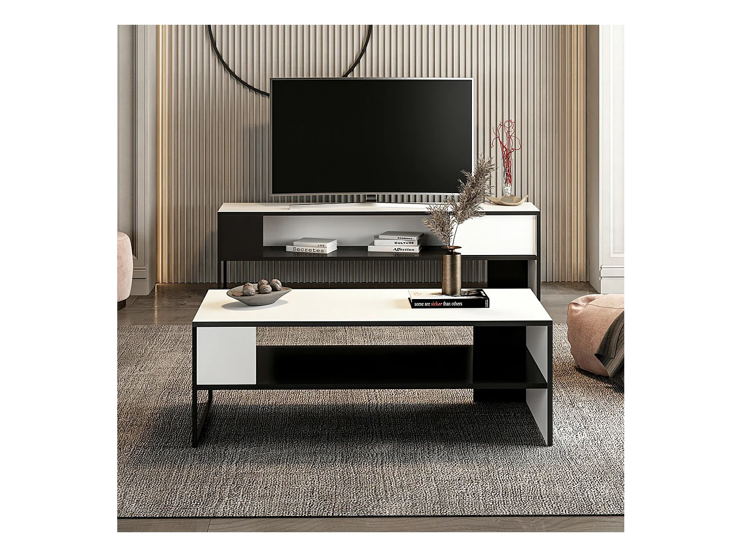 Table basse rectangulaire Ejby avec espace de rangement noir / blanc [en.casa]
