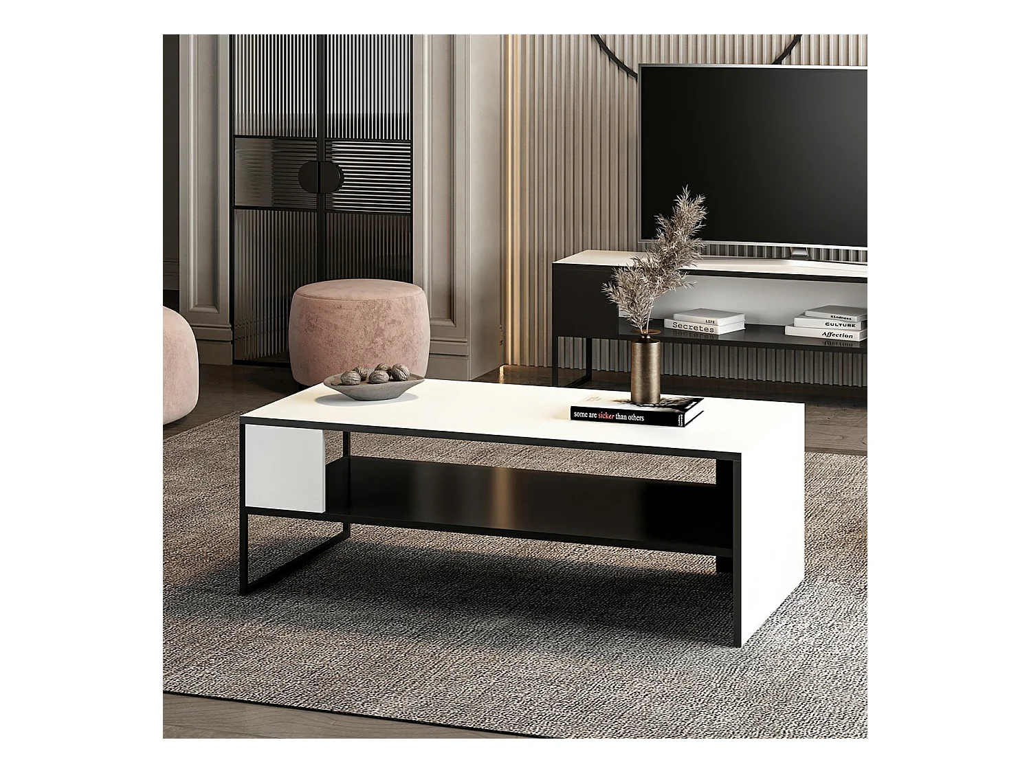 Table basse rectangulaire Ejby avec espace de rangement noir / blanc [en.casa]