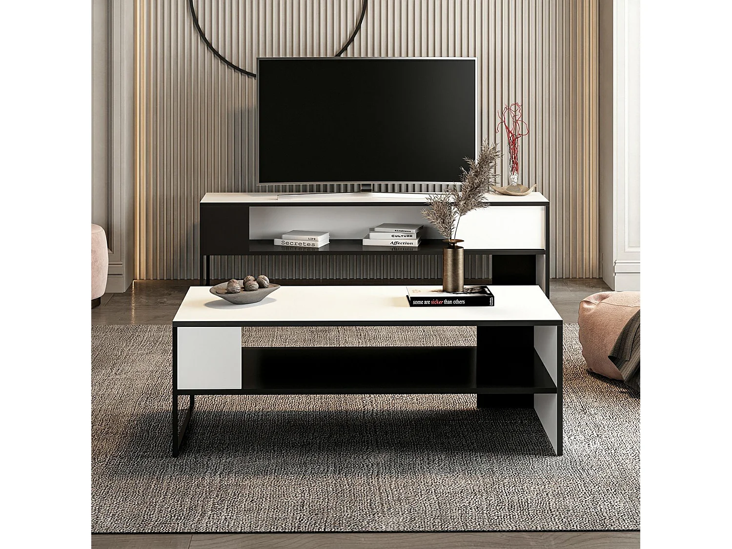 Table basse rectangulaire Ejby avec espace de rangement noir / blanc [en.casa]