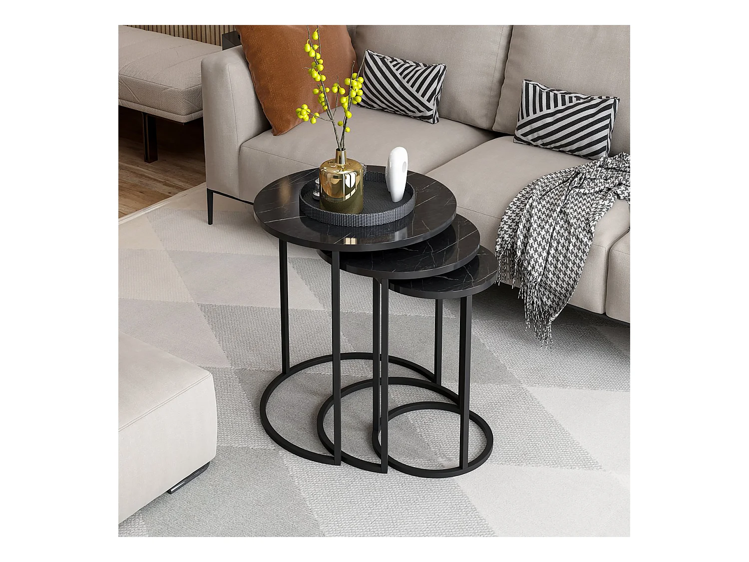 Set de 3 tables d'appoint Frederiksværk gigognes rondes marbre noir [en.casa]