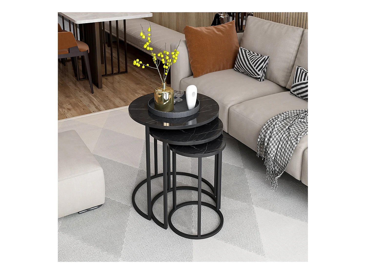 Set de 3 tables d'appoint Frederiksværk gigognes rondes marbre noir [en.casa]