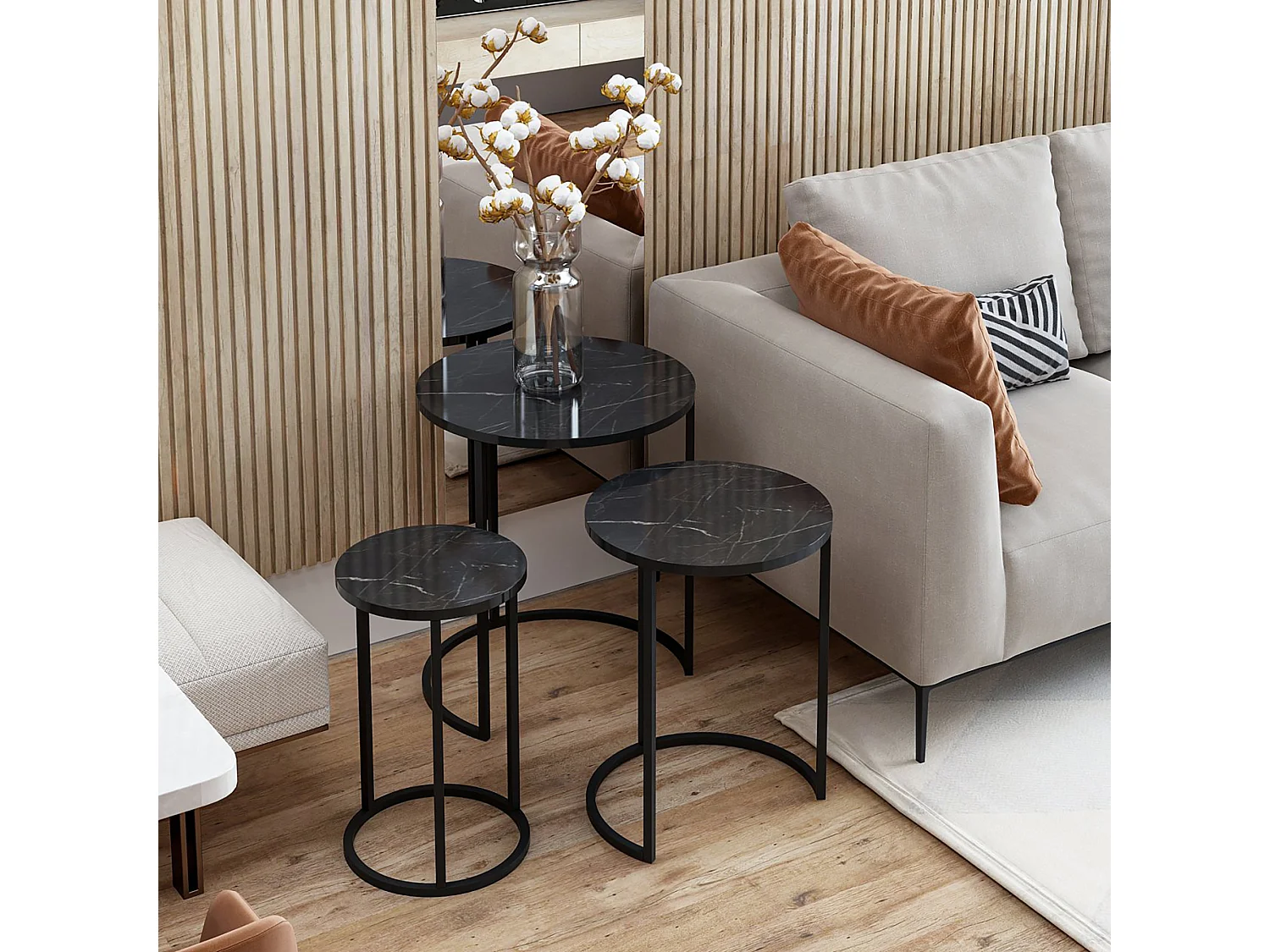Set de 3 tables d'appoint Frederiksværk gigognes rondes marbre noir [en.casa]