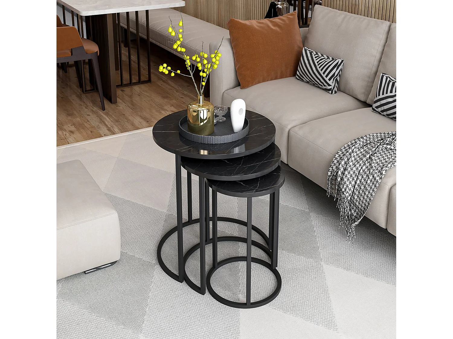 Set de 3 tables d'appoint Frederiksværk gigognes rondes marbre noir [en.casa]