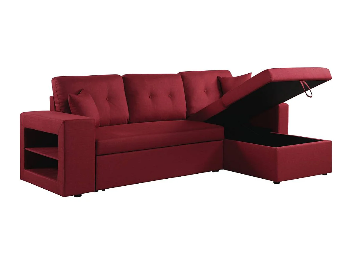 Sofá de canto conversível "Axel" em linho com prateleiras integradas e espaço de armazenamento - 3 lugares - Vermelho