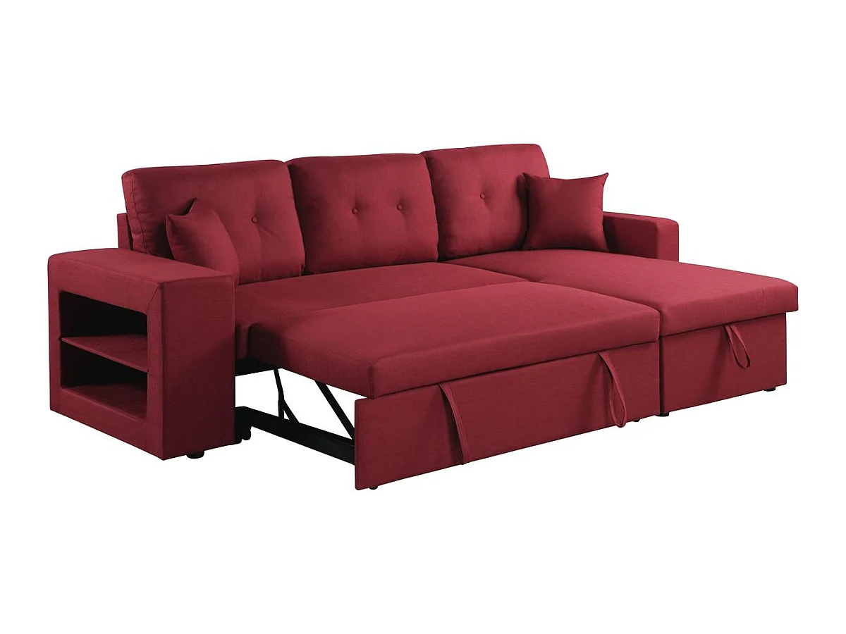 Sofá de canto conversível "Axel" em linho com prateleiras integradas e espaço de armazenamento - 3 lugares - Vermelho