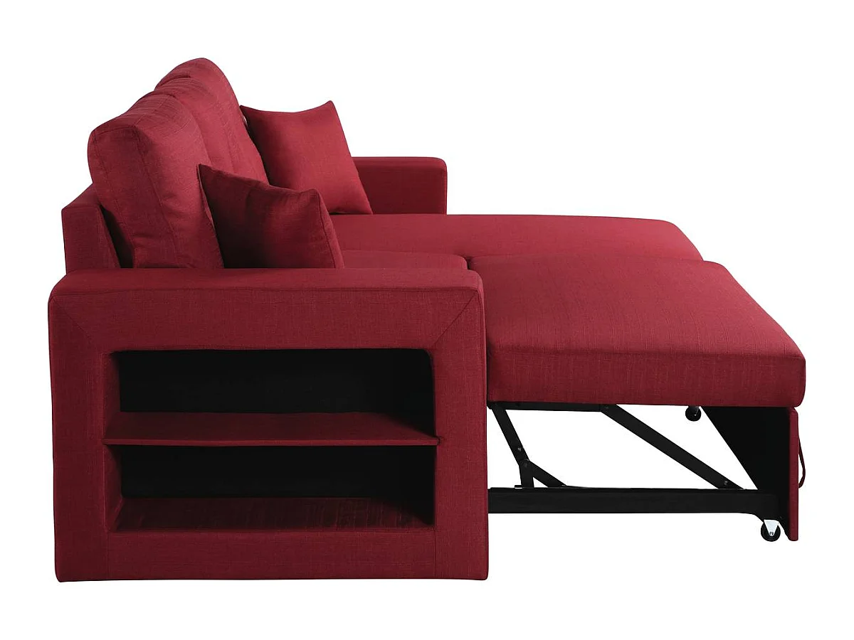 Sofá de canto conversível "Axel" em linho com prateleiras integradas e espaço de armazenamento - 3 lugares - Vermelho