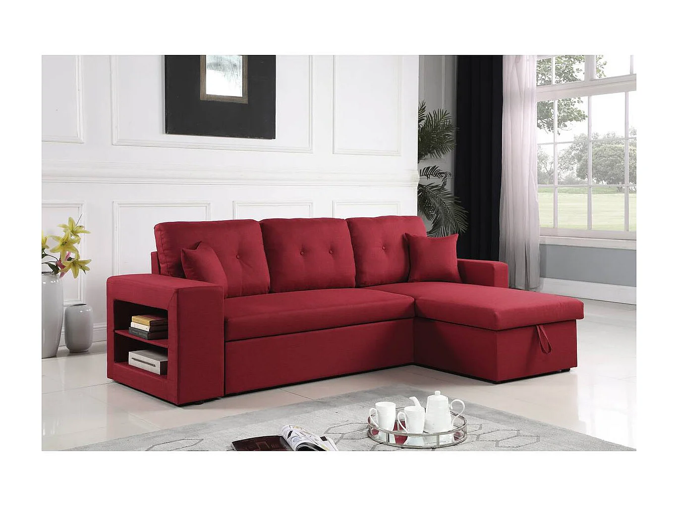 Kanapa narożna rozkładana "Axel" - Możliwość zmiany położenia narożnika (prawostronny lub lewostronny) - 3 miejsca - Czerwona