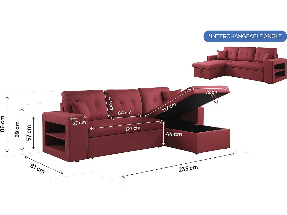 Divano ad angolo  trasformabile "Axel" / reversibile - 3 posti - Rosso