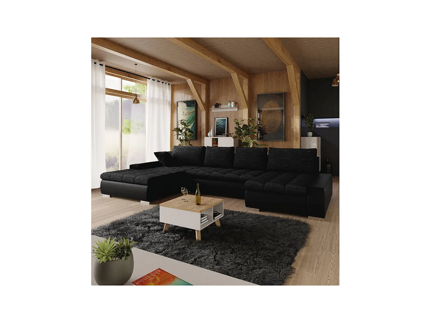 Sofá rinconero Comfivo 106, Negro, Función de descanso, Almacenaje, 394x213x80cm