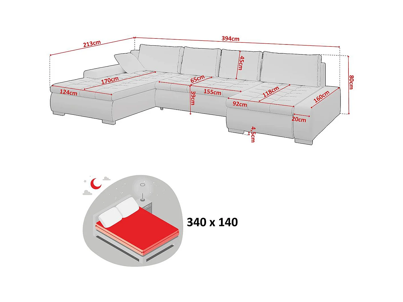 Sofá rinconero Comfivo 106, Negro, Función de descanso, Almacenaje, 394x213x80cm