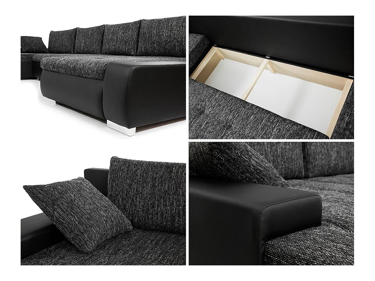 Sofá rinconero Comfivo 106, Negro, Función de descanso, Almacenaje, 394x213x80cm