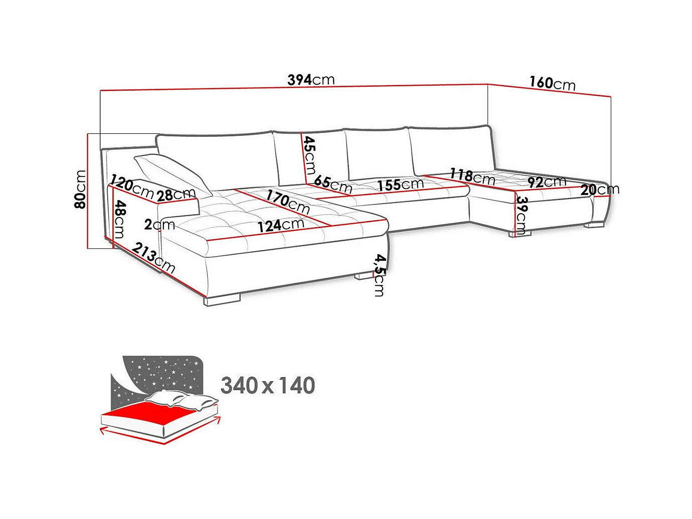 Sofá rinconero Comfivo 106, Negro, Función de descanso, Almacenaje, 394x213x80cm