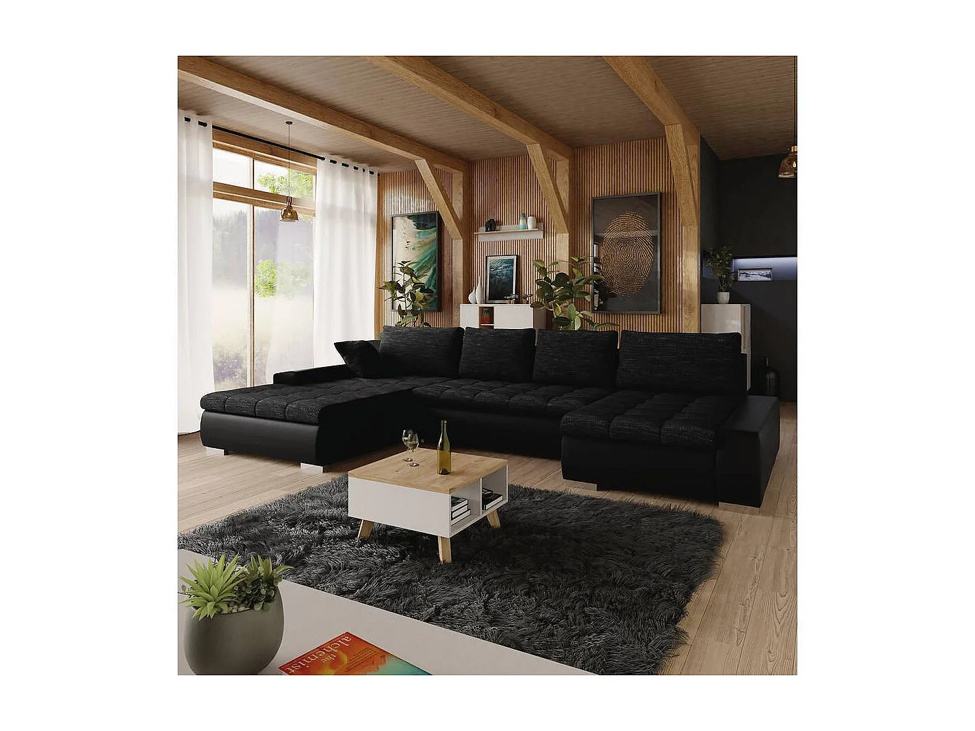 Sofá rinconero Comfivo 106, Negro, Función de descanso, Almacenaje, 394x213x80cm